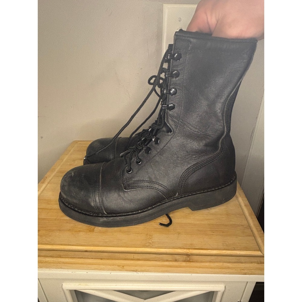 Vintage Mens Black Leather Combat Boots Cap Toe Military Style Lace Up Size 9 R